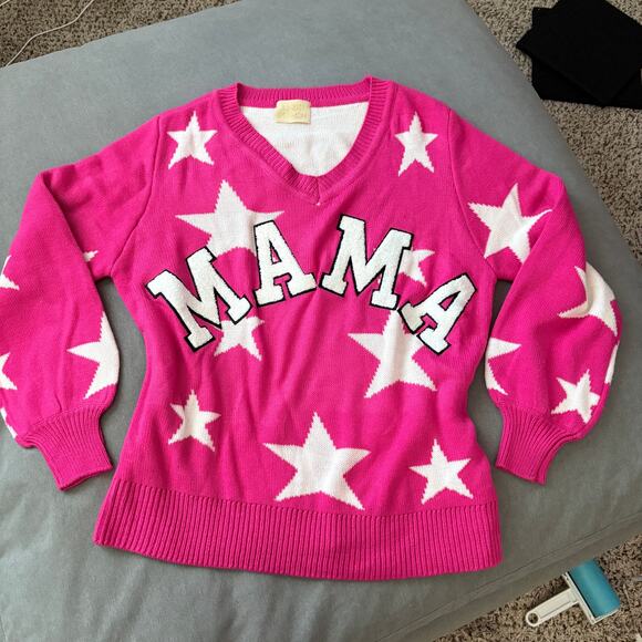 Judith March Hot Pink Star Mama Sweater V Neck Pullover Small Oversized Dopamine - Picture 1 of 6
